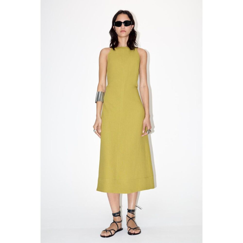 Chartreuse Zara Linen-Blend Open-Back Spaghetti Strap Midi Dress (NWT)